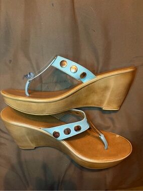 A. Giannetti Sz 9 Teal and Tan Wedge Thong Sandals